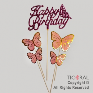 CAKE TOPPER CON 4 MARIPOSAS ROSAS Y HAPPY BIRTHDAY CURSIVA FUCSIA METALIZADO